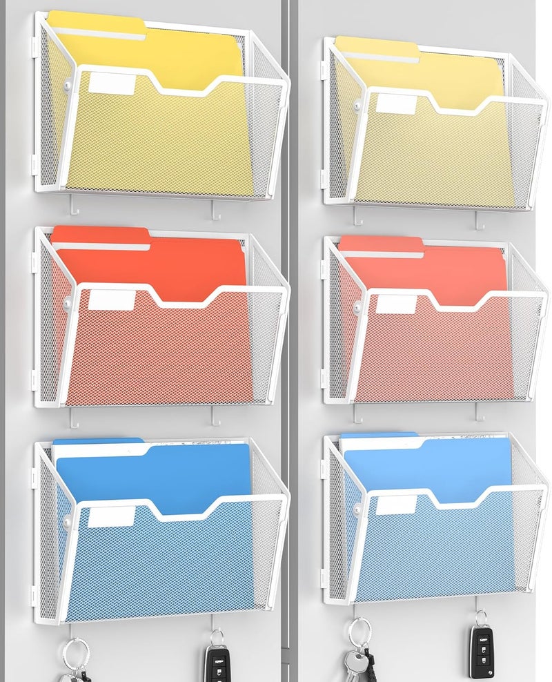 Docnest 6 Pack Magnetic Wall Mounted File Holders,Mesh Letter Organizer with Hooks, Magnetic Hanging Mail Paper Document Organizer for Office, Home, School, White - Image 1